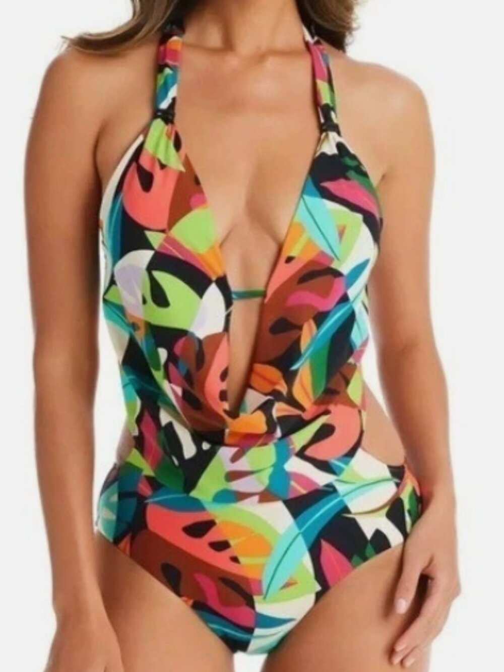 NWT! Bar III Multi Color Tropical Dreams Plunge One Piece Monokini Swimsuit NEW!